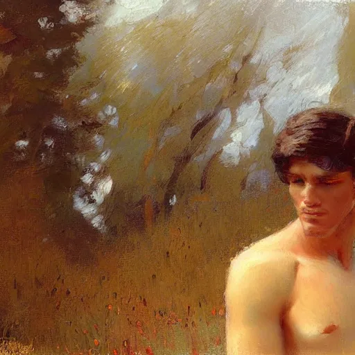 Prompt: a man with a blowout haircut, painting by Gaston Bussiere, Craig Mullins