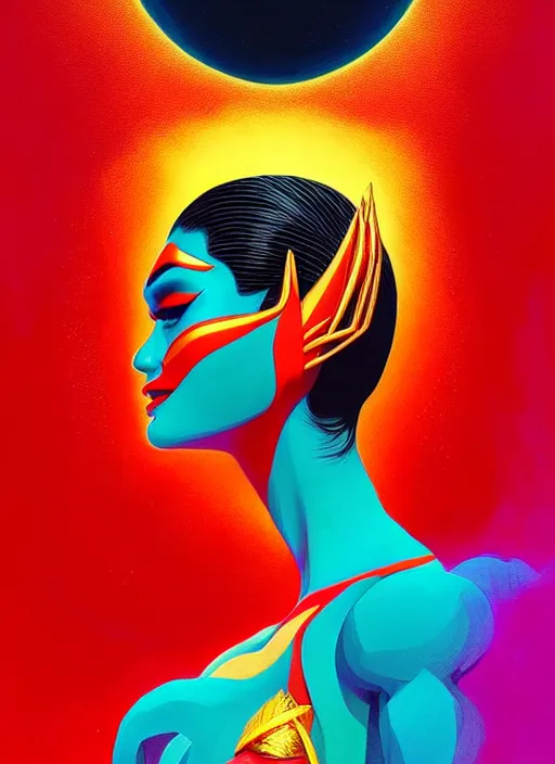 Prompt: symmetry!! stunning portrait of pia wurtzbach as darna!! by victo ngai, kilian eng vibrant colours, dynamic lighting, digital art, winning award masterpiece, fantastically beautiful, illustration, aesthetically inspired by beksinski and dan mumford, trending on artstation, art by greg rutkowski, 8 k