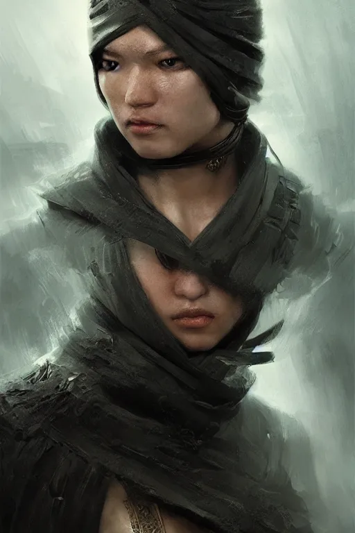 Image similar to powerfull and fierce ninja, close - up portrait, fierce, intricate, elegant, volumetric lighting, scenery, digital painting, highly detailed, artstation, sharp focus, illustration, concept art, ruan jia, steve mccurry