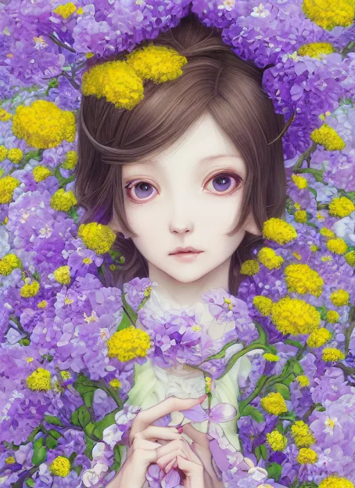 Prompt: elf girl wearing an flower suit, soft hair. light color palate, purple, yellow and white. detailed soft painting, ayami kojima, made in abyss, anatomically correct, ilya kuvshinov, inspired in balthus, high detailed face anime, vogue magazine, glorious composition, mobile wallpaper