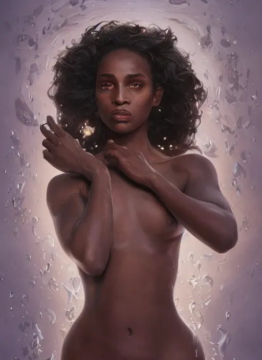 Image similar to dramatic upper body portrait of Megalyn Echikunwoke as a dark-skinned mermaid by Ruan Jia and Mandy Jurgens and Artgerm and william-adolphe bouguerea, underwater, white lilies, shells, mirror, marvel comics, intricate, highly detailed, smooth, artstation, digital illustration by julie bell and Ruan Jia and Mandy Jurgens and Artgerm and William Adolphe Bouguereau and John Collier and Greg Rutkowski and Frank Frazetta