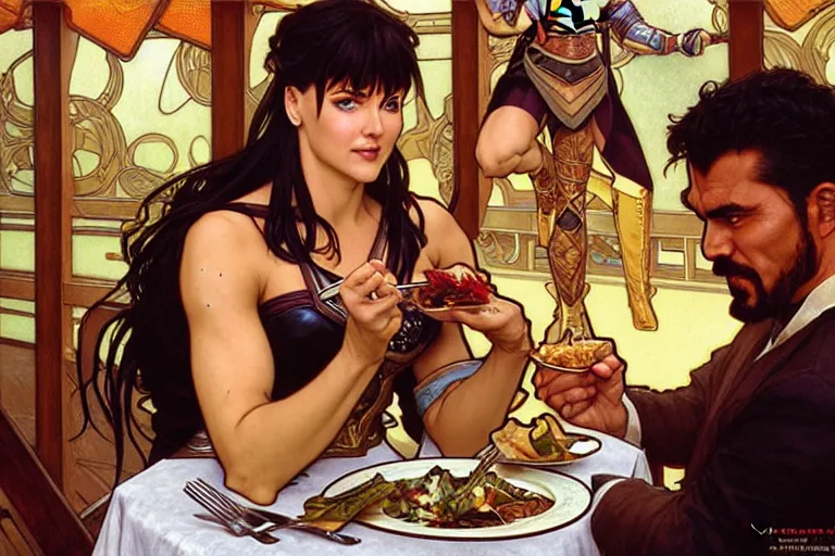 Image similar to xena warrior princess eating at a restaurant, with a hispanic man in a suit as her companion, art by artgerm and greg rutkowski and alphonse mucha