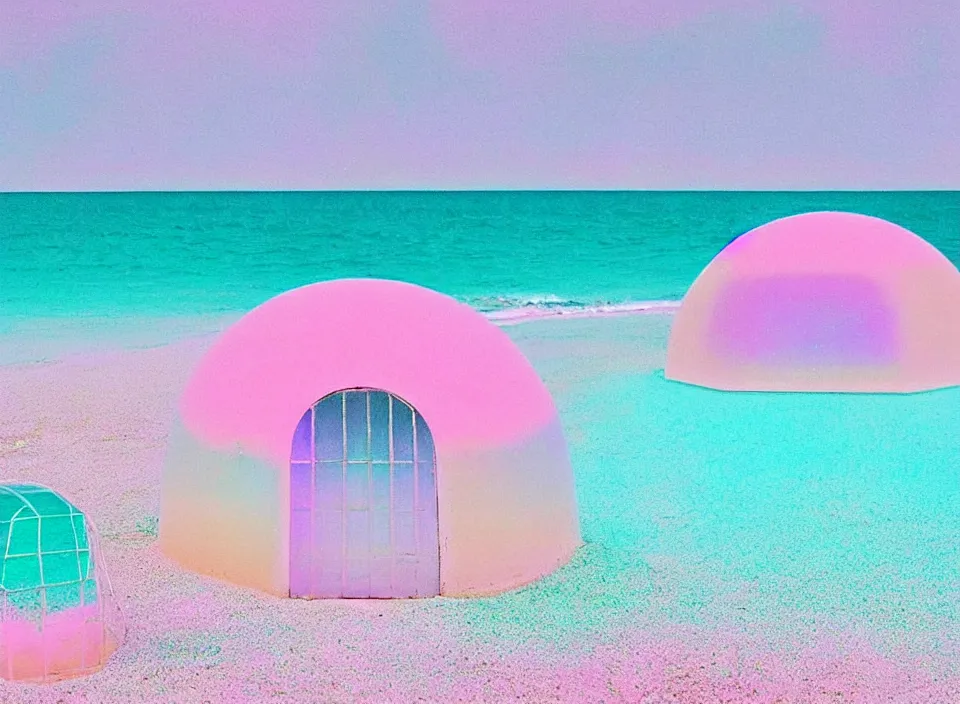 Prompt: a pastel coloured vintage family holiday photo of an empty beach from an alien dreamstate world with chalky pink iridescent!! sand, reflective lavender ocean water, dim bioluminescent plant life and an igloo shaped shiny plastic transparent festival stage and translucent festival box speakers!!. glare. refraction, volumetric light.