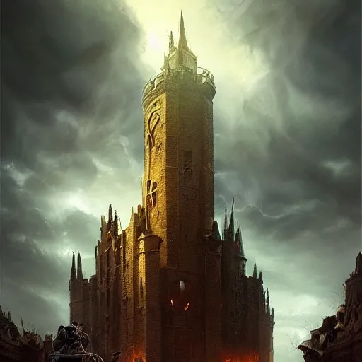 Prompt: epic masterpiece of cinematographic hyperrealism where a group of archeologists appears in front of a large demonic tower. realistic shaded lighting poster by craig mallismo, artgerm, jeremy lipkin and michael garmash, unreal engine, detailed and intricate environment, digital art, art station trends, horror, night, dark and stormy, matte