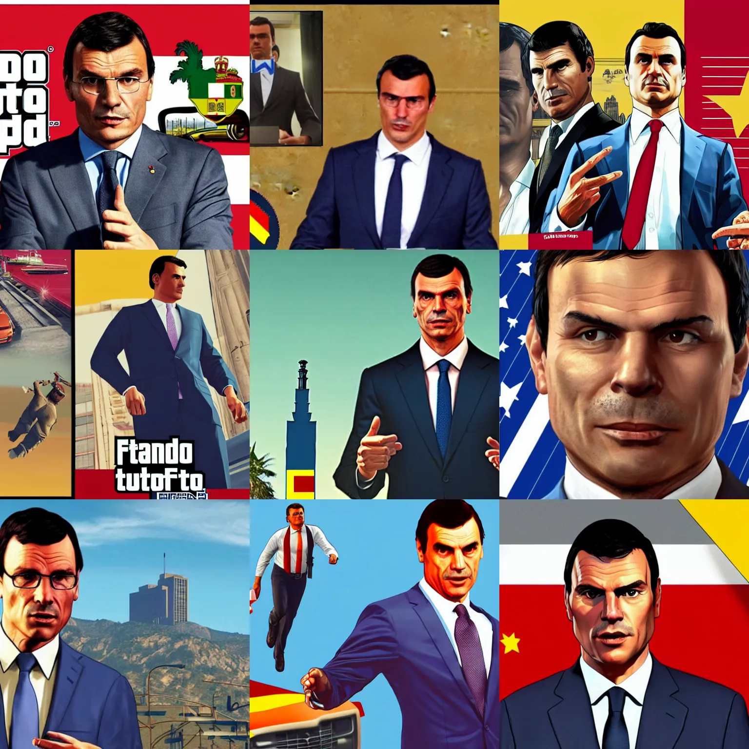 Prompt: Spanish Prime Minister Pedro Sanchez on GTA V cover art