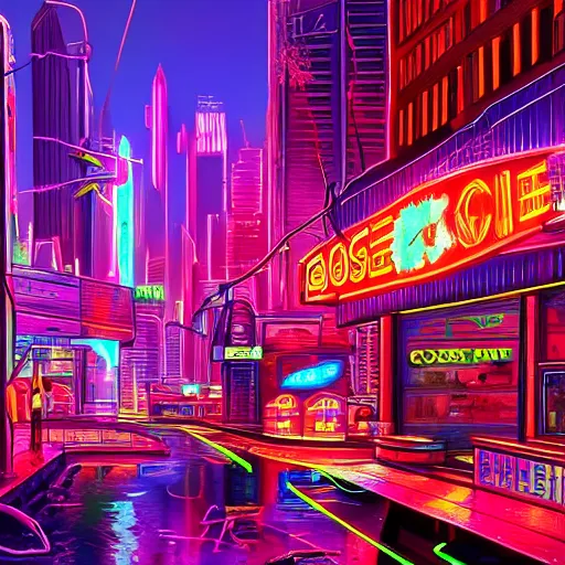 Prompt: Goose, cyberpunk setting, beautiful cityscape background, neon signs, vibrant colors, holograms, 4k, digital art