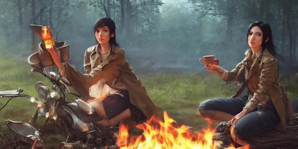 Image similar to a girl from final fantasy live action, with short black hair and green eyes in a tan trenchcoat sitting on a log and drinking tea by the campfire by her dieselpunk motorcycle at night, award winning, masterpiece digital painting by greg rutkowski, alex grey, artstation, 4 k wallpaper