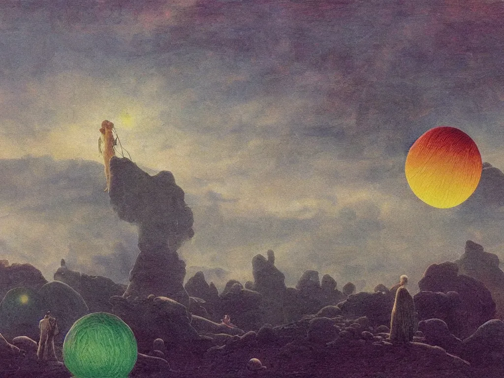 Image similar to phosphorescent, iridescent, psychedelic, marbled sphere floating in row to infinity above the hell pit mines. painting by caspar david friedrich, agnes pelton, max ernst, bosch.