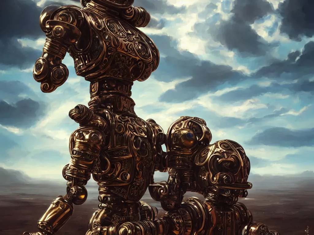 Image similar to a beautiful oil on canvas of a futuristic afrofuturistic robot soldier, ornate, detailed, intricate, beautiful, stunning, post - apocalyptic landscape in the background, epic sky, vray render, artstation, deviantart, pinterest, sci - fi, afrofuturism, 5 0 0 px models