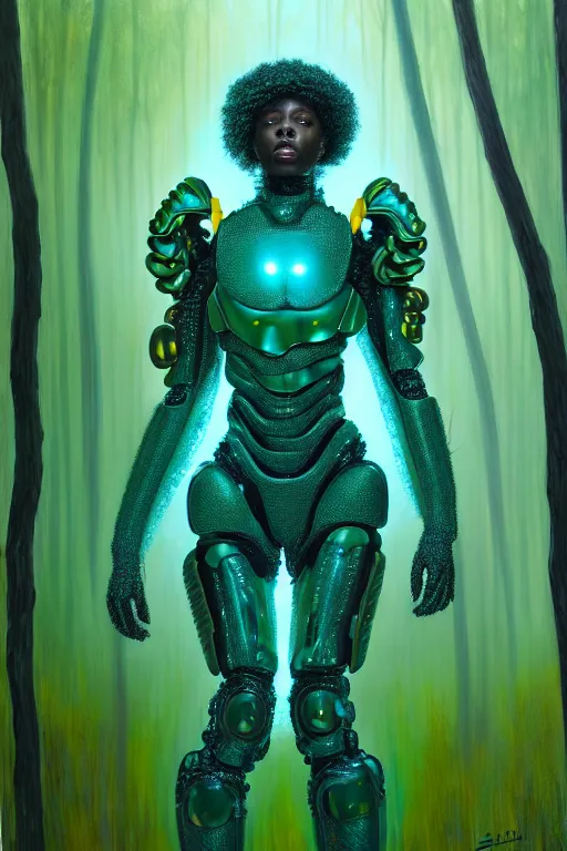 Image similar to hyperrealistic post - maximalist cinematic super expressive! black woman with exoskeleton armor, merging with tree in a forest, highly detailed digital art masterpiece, smooth cam de leon eric zener dramatic pearlescent soft teal yellow light, ground angle hd 8 k, sharp focus