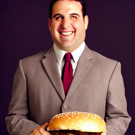 Image similar to clean - shaven smiling white chubby italian american man in his 4 0 s wearing a brown long overcoat and necktie holding a giant burger, 2 0 0 0 avertising promo shot