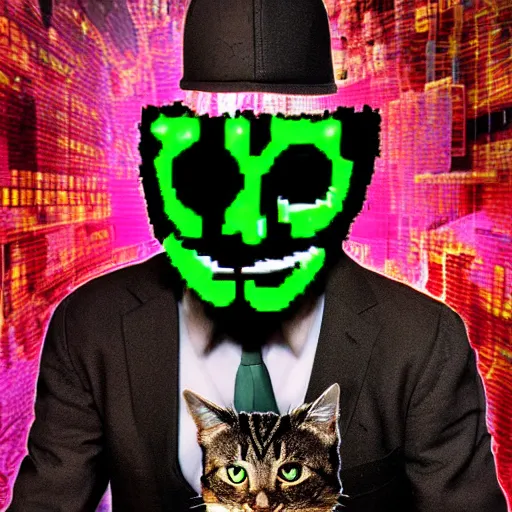 Prompt: A cat wearing a guy fawkes mask, typing maliciously on a computer, with a green screen and binary numbers. Award-winning cyberpunk glitchcore art