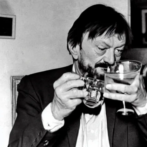 Prompt: andrei tarkovsky and stanley kubrick drinking vodka, realistic