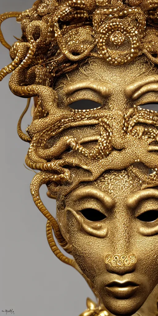 Image similar to hyperrealism, detailed textures, photorealistic japanese medusa queen, intricate, detailed facial animal mask, golden jewelery, japanese style, ultra realistic, cinematic, intricate, cinematic light, unreal engine 8 k