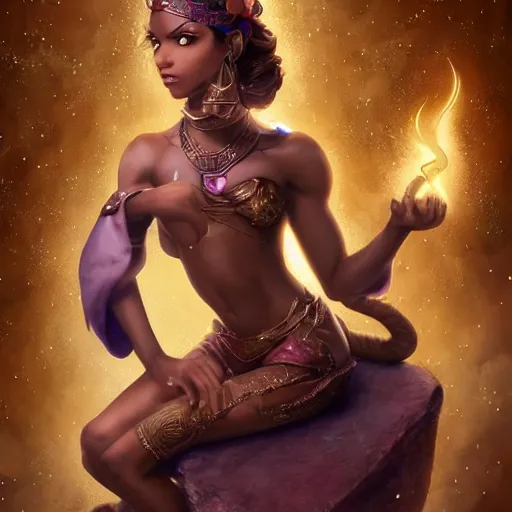 Image similar to a short brown haired brown skinned genie, with abs, pretty, young, emerging from a genie's lamp, rippling with magic, ready to grant a wish by artgerm and wlop and scott fischer and seb mckinnon, digital art, highly detailed, wide shot, intricate, fantasy, mystical, sharp focus, Trending on Artstation HQ, deviantart, unreal engine 5, 4K UHD image