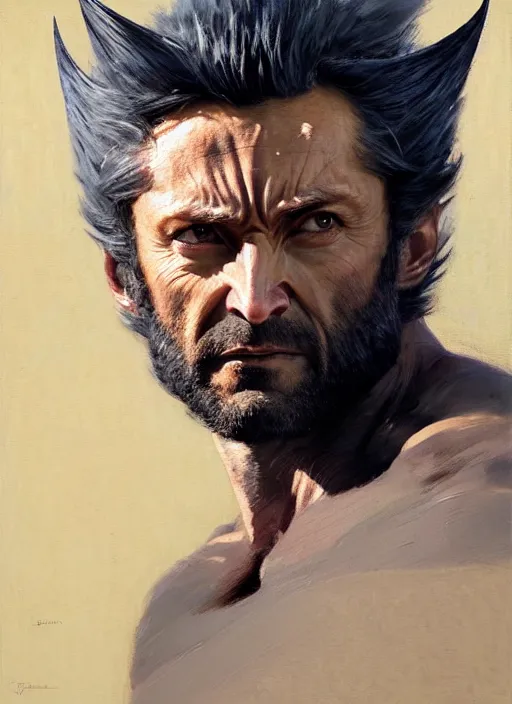 Image similar to portrait of wolverine, forest, calm, fantasy character portrait, dynamic pose, above view, sunny day, thunder clouds in the sky, artwork by Jeremy Lipkin and Giuseppe Dangelico Pino and Michael Garmash and Rob Rey, very coherent symmetrical artwork, sharp edges, perfect face, simple form, 100mm