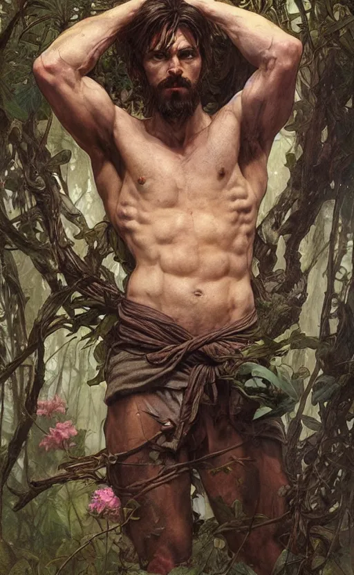 Image similar to god of the forest, 3 0 years old, rugged, handsome, male, detailed face, clean lines, atmospheric lighting, amazing, full body, thighs, flowers, muscular, intricate, highly detailed, digital painting, deviantart, concept art, sharp focus, illustration, art by greg rutkowski and alphonse mucha