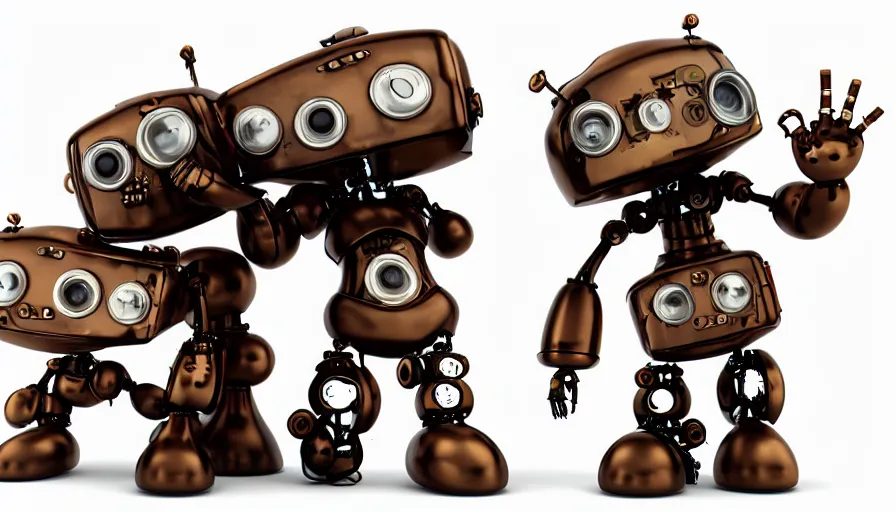 Image similar to two cute steampunk robots with human skin and large eyes smiling and waving, isolated on white background, 3D occlusion