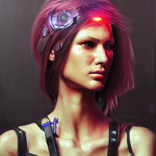 Prompt: cyberpunk cyborg fashion model portrait, hyperrealism oil painting, artstation