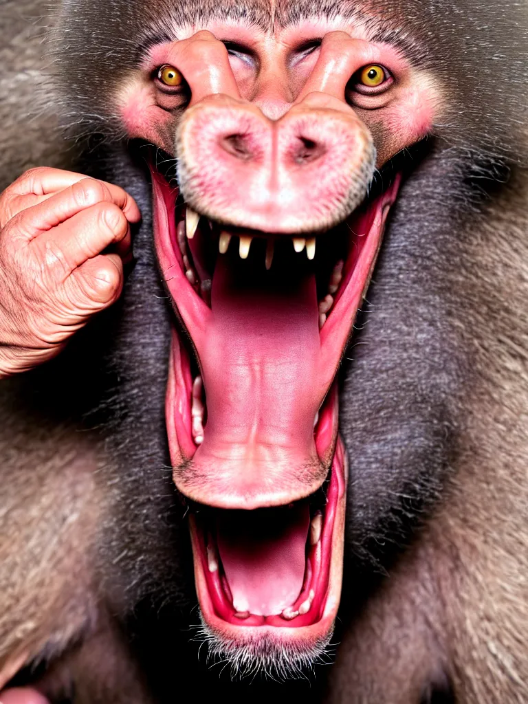 Prompt: a formal portrait photograph of a screaming man transforming into a hairless baboon