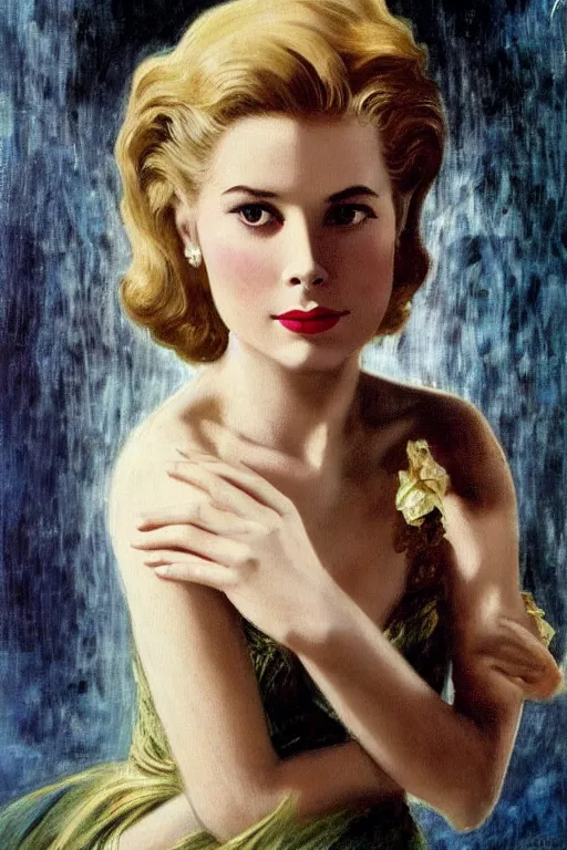 Prompt: a young and extremely beautiful grace kelly infected by night by dali in the style of a modern gaston bussiere, art nouveau, art deco, surrealism. anatomically correct. extremely lush detail. melancholic scene infected by night. perfect composition and lighting. sharp focus. high - contrast lush surrealistic photorealism. sultry and mischievous expression on her face.