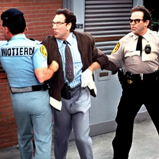 Image similar to George Costanza being arrested by Kramer on an episode of Seinfeld