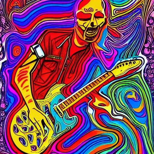 Prompt: psychedelic illustration of a guitar player melting on colors