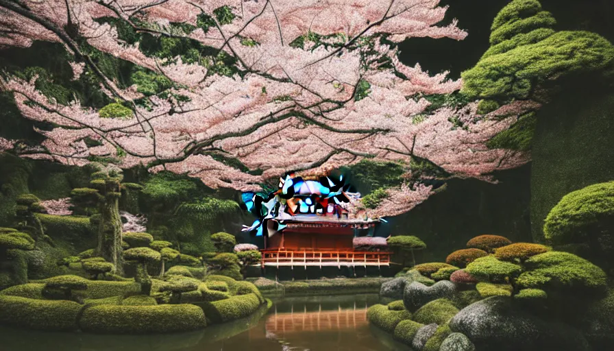 Image similar to 35mm film still of a very cozy and surreal magical Japanese temple mixed with a castle in a lush waterfall garden, cherry blossoms, epic large temple in the style of Gucci and Wes Anderson, photographed by Petra Collins, glowing lights and floating lanterns, foggy atmosphere, rainy, moody, muted colors, magic details, very detailed, 8k, cinematic look