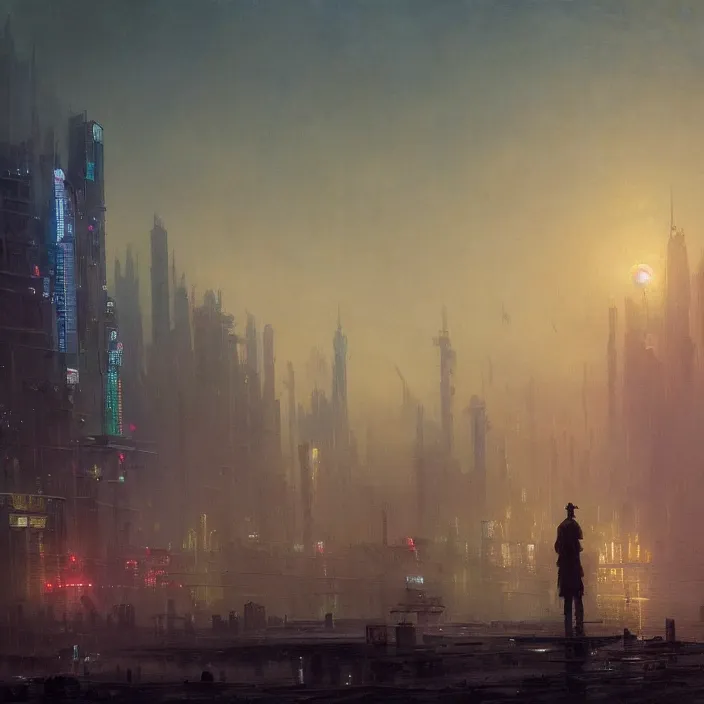 Prompt: a beautiful oil painting of a cyberpunk city on the wasteland by ivan aivazovsky and greg rutkowski and james gurney and frank lloyd and sung choi and monet, in style of impressionnisme. hyper detailed, sharp focus, soft light. unreal engine 5 lumen. ray tracing. trending on artstation. oil on canvas