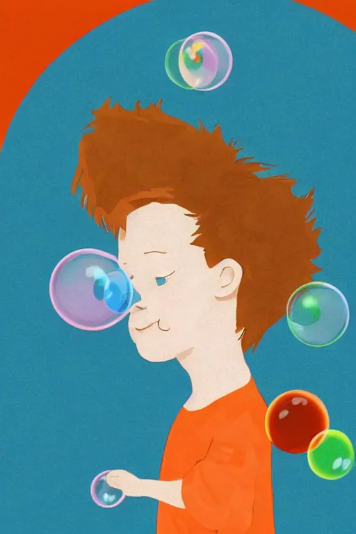 Prompt: a little boy with ginger hair chasing bubbles. clean elegant simple illustration, beautiful detailed face.