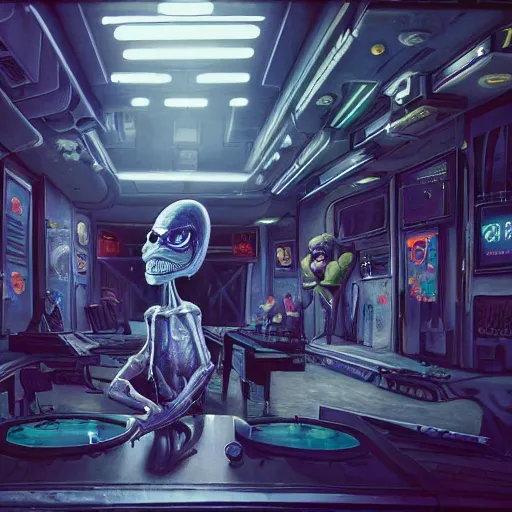 Image similar to attractive alien fan dancer on tabletop, inside used future tavern, pool table, jim henson creature shop, robots humans and extraterrestrials, inside a crowded space station, 1 9 8 0 s science fiction, 1 9 7 0 s science fiction, alien 1 9 7 9, cyberpunk, 3 d oil painting, depth perception, 4 k, artstation