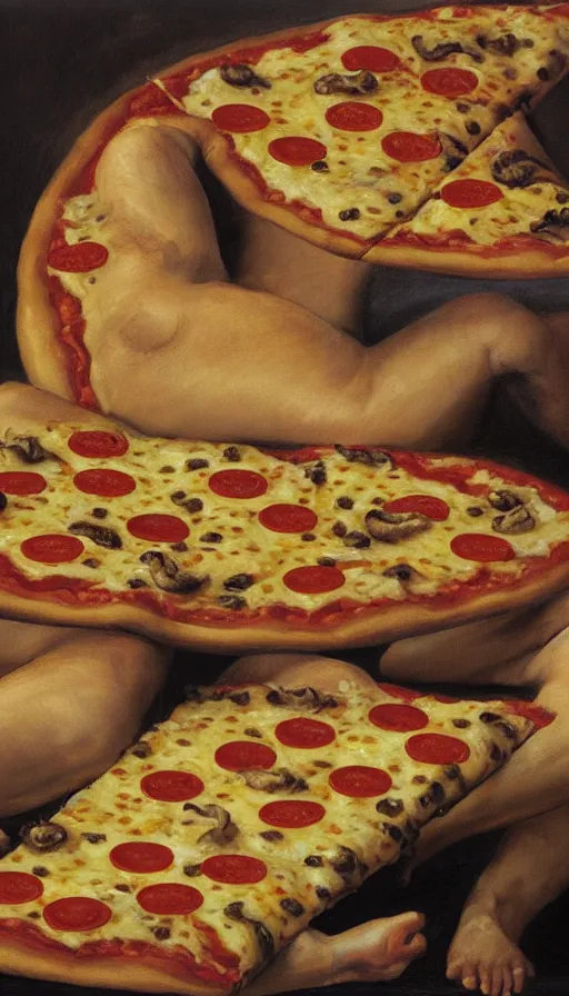 Image similar to oil portrait of evil pizza hut stuffed crust with human limbs as toppings, hyperrealistic, surrealcore, lovecraftian, 4 k by francisco goya