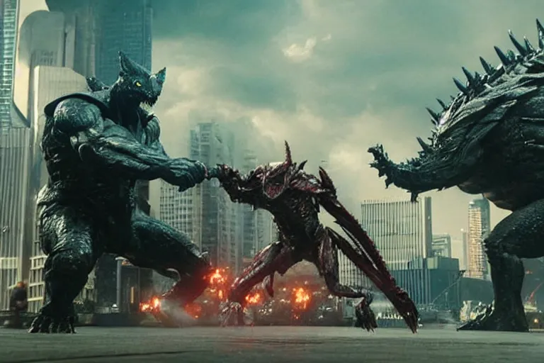 Prompt: film still of john wick fighting a kaiju in tokyo in the new pacific rim movie