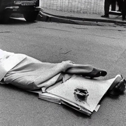 Prompt: margaret thatcher lying beneath a busy paved road
