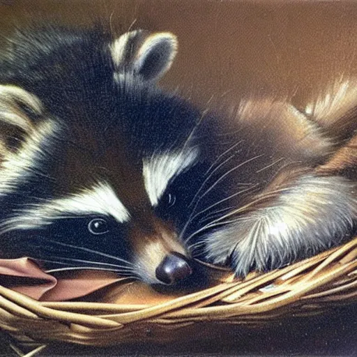 Prompt: a racoon sleeping in basket as painting of caravaggio, detailled photo, realistic, soft light