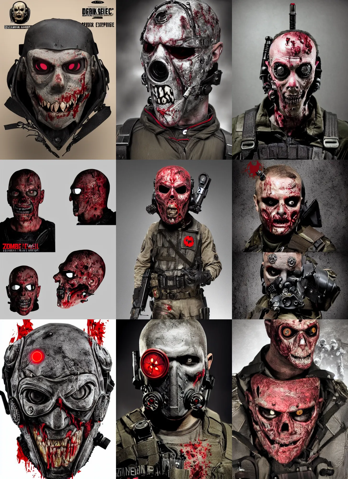 Prompt: zombie spec - ops head with mask, resident evil umbrella corporation, special forces, dark design, professional photo, intricate details