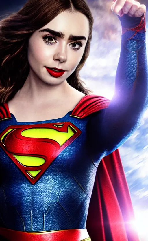 Prompt: a potrait of Lily Collins as Supergirl with man of steel suit style and full armour by Zack Snyder, 8k photorealistic, cinematic lighting, HD, high details, dramatic, trending on artstation, view from above