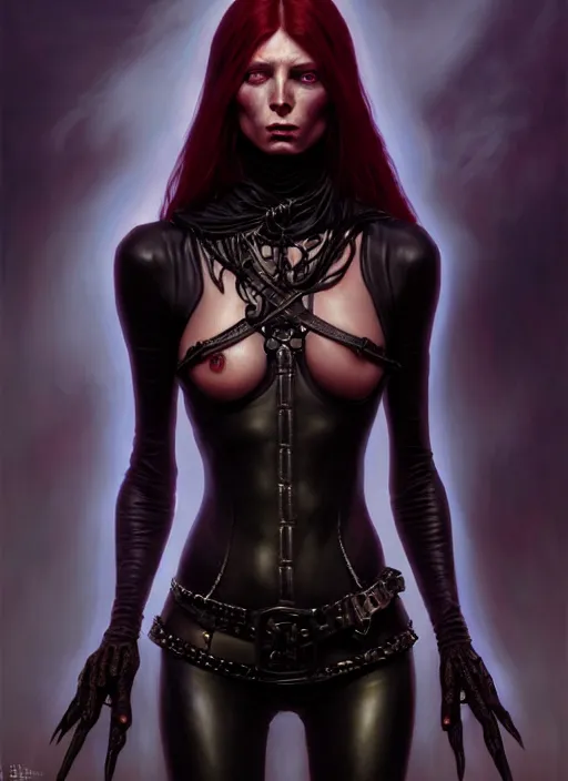 Image similar to female necromancer, black leather body suit, full body, hyper realistic, extremely detailed, dnd character art portrait, dark fantasy art, intricate fantasy painting, dramatic lighting, vivid colors, deviantart, artstation, by edgar maxence and caravaggio and michael whelan and delacroix.