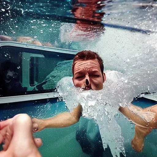 Prompt: guy drowning in an autobus full of water panic agitated go pro