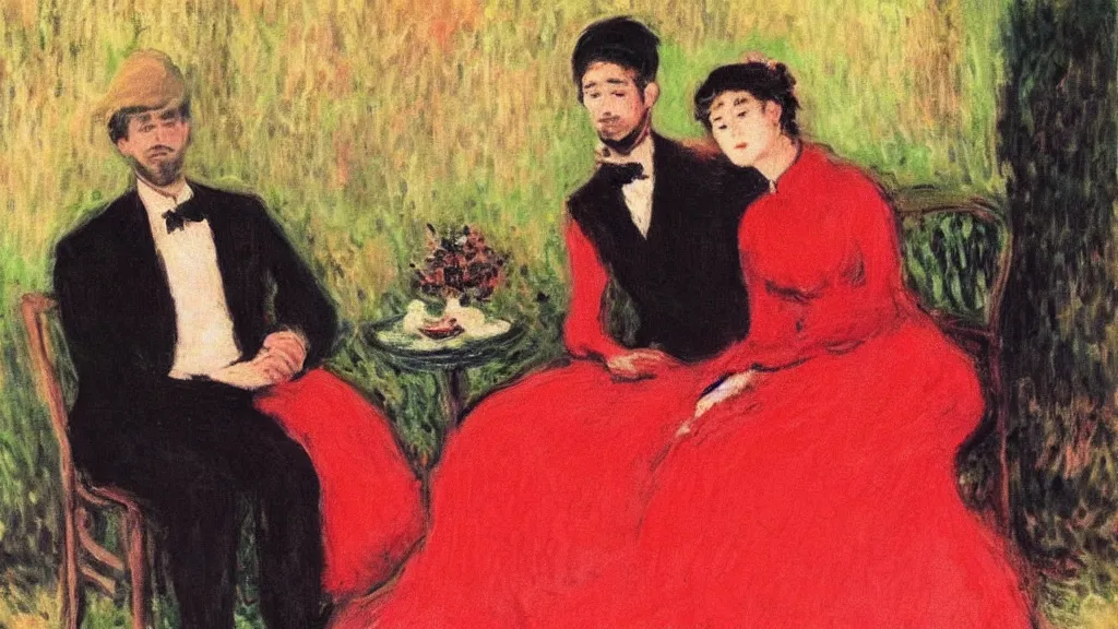 Prompt: “beautiful woman in red dress sitting with her handsome husband in a black suit, monet painting”