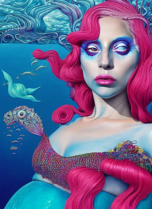 Image similar to lady gaga mermaid, deep ocean : : by martine johanna and simon stalenhag and chie yoshii and casey weldon and wlop : : ornate, dynamic, particulate, rich colors, intricate, elegant, highly detailed, vogue, harper's bazaar art, fashion magazine, smooth, sharp focus, 8 k, octane render,