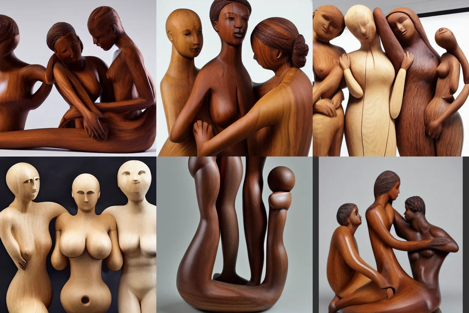 Prompt: curvy smooth wood sculpture of three beautiful androgynous polyamorous diverse people caressing