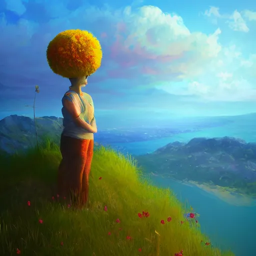 Image similar to closeup, giant flower head, girl standing on cliff, surreal photography, sunrise, blue sky, dramatic light, impressionist painting, digital painting, artstation, simon stalenhag