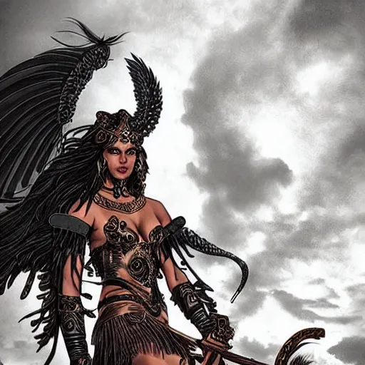 Image similar to greek amazon warrior, a tall beautiful woman with bronzed skin and long raven hair, dressed in leather and hellenistic armour, intricate, elegant, highly detailed, smooth, sharp focus, detailed face, high contrast, graphic novel, art by pepe larraz,