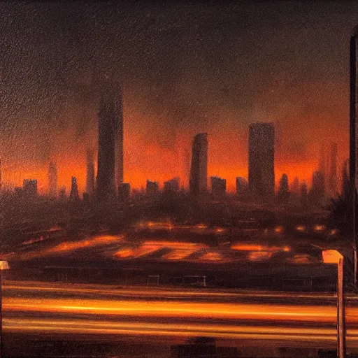 Prompt: A deeply dystopian and nightmarish scene of a huge city filled with smog, by Simon Stalenberg and Victor Alonso and Andres Rodriguez, 100mm lens, oil painting, highly coherent, enigmatic, 8k