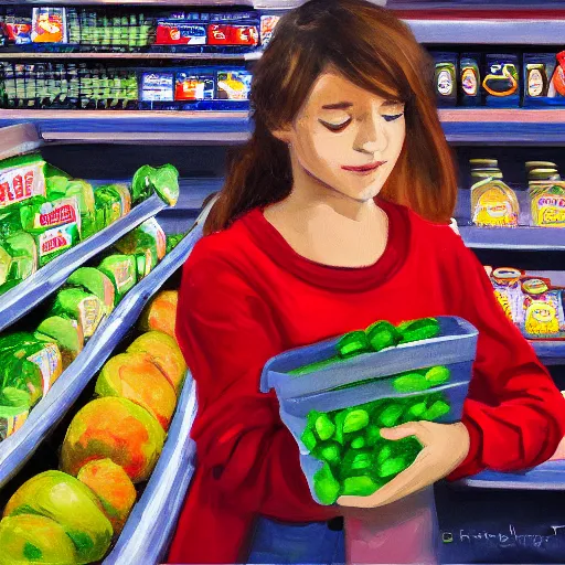 Prompt: teenage female goblin buying in grocery store, oil paint