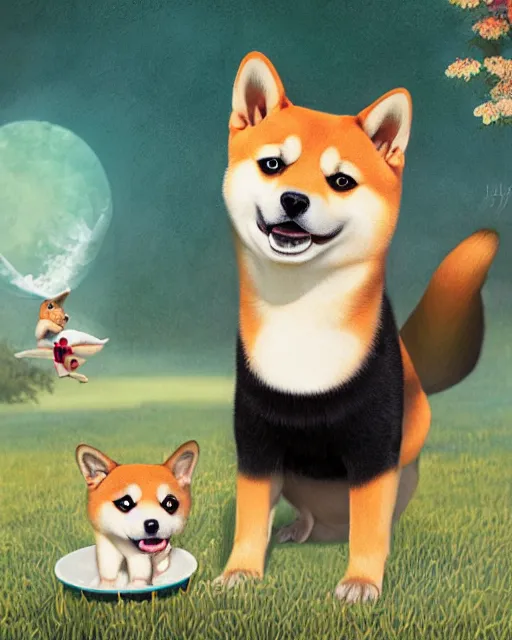 Image similar to shiba inu bites frisbee ， painting photoshop by mark ryden and pixar and hayao miyazaki, 8 k