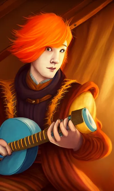 Prompt: a bard playing his lute in a pub, d & d, orange hair, portrait, sharp focus, fantasy, digital art, concept art, dynamic lighting, epic composition, by emylie boivin, rossdraws