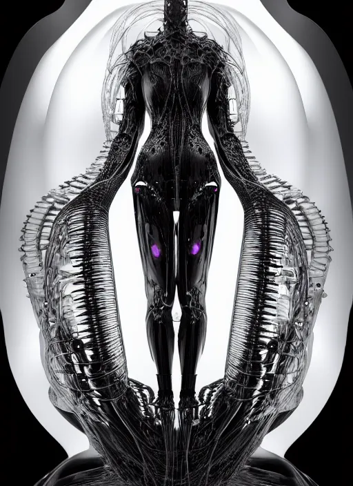 Prompt: iris van herpen gothic inflateble dark dress, perfect symmetrical body, helmet on face, full body shot, inflateble shapes, wires, tubes, veins, jellyfish, white biomechanical details, wearing epic bionic cyborg implants, masterpiece, intricate, biopunk, vogue, highly detailed, artstation, concept art, cyberpunk, octane render