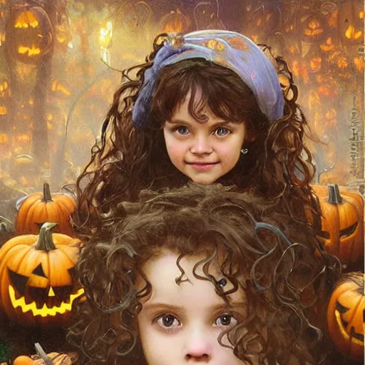 Image similar to a cute happy little girl with light brown wavy curly hair and blue eyes sitting amidst piles of halloween decor skulls and pumpkins. beautiful cute highly detailed face. spooky halloween themed painting by artgerm and greg rutkowski and alphonse mucha.